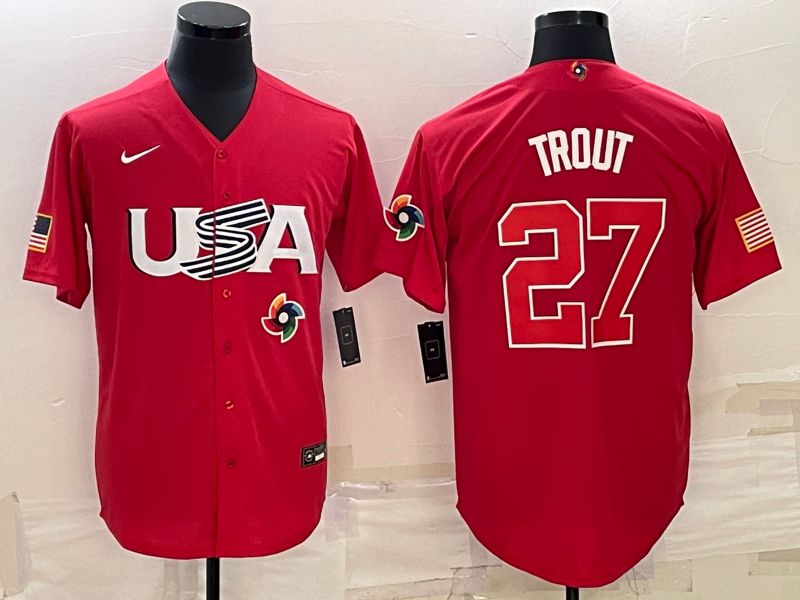 Men 2023 World Cub USA #27 Trout Red Nike MLB Jersey11
